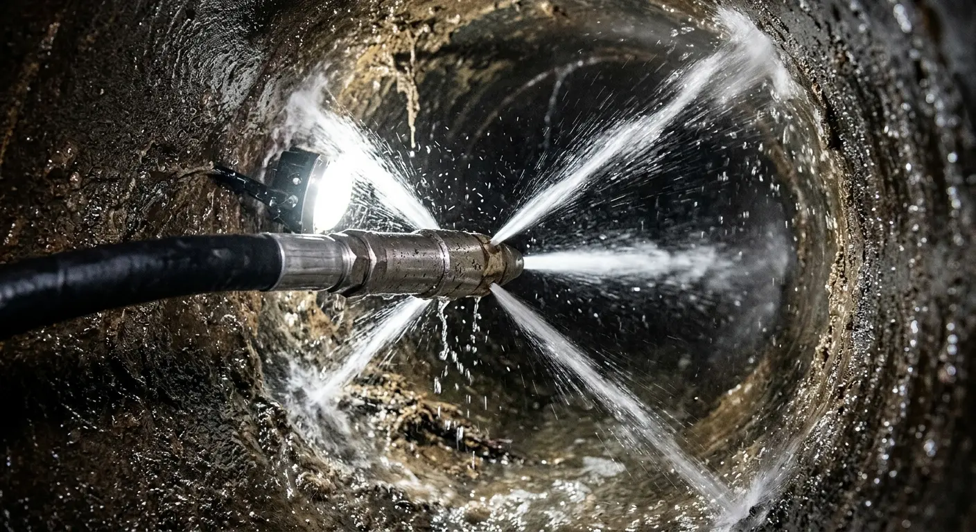 High-pressure hydro jetting nozzle cleaning sewer pipe for Trenchless Sewer Repair in Zionsville