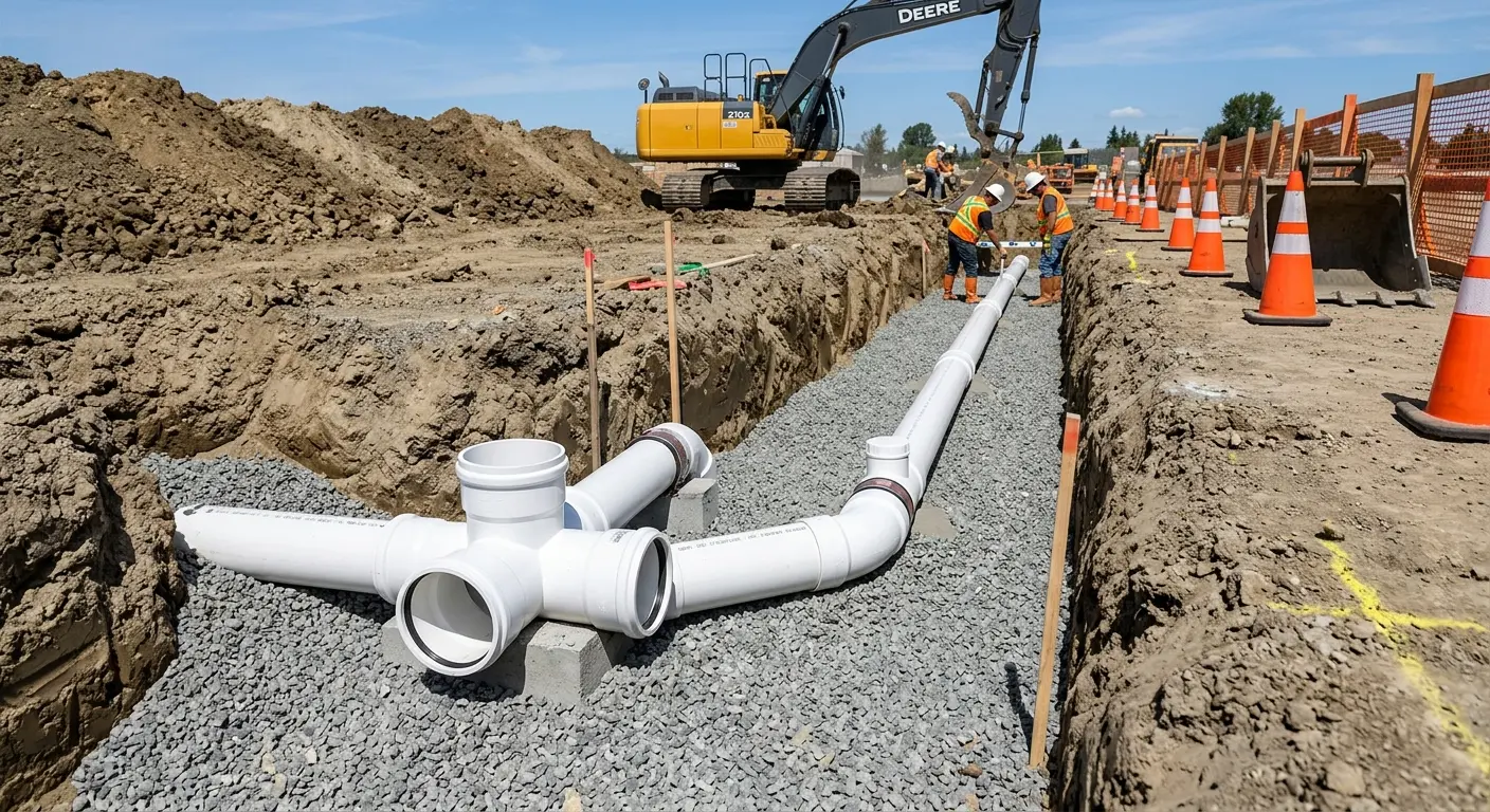 New PVC sewer pipe installation in open trench for Commercial Drain Cleaning in Zionsville