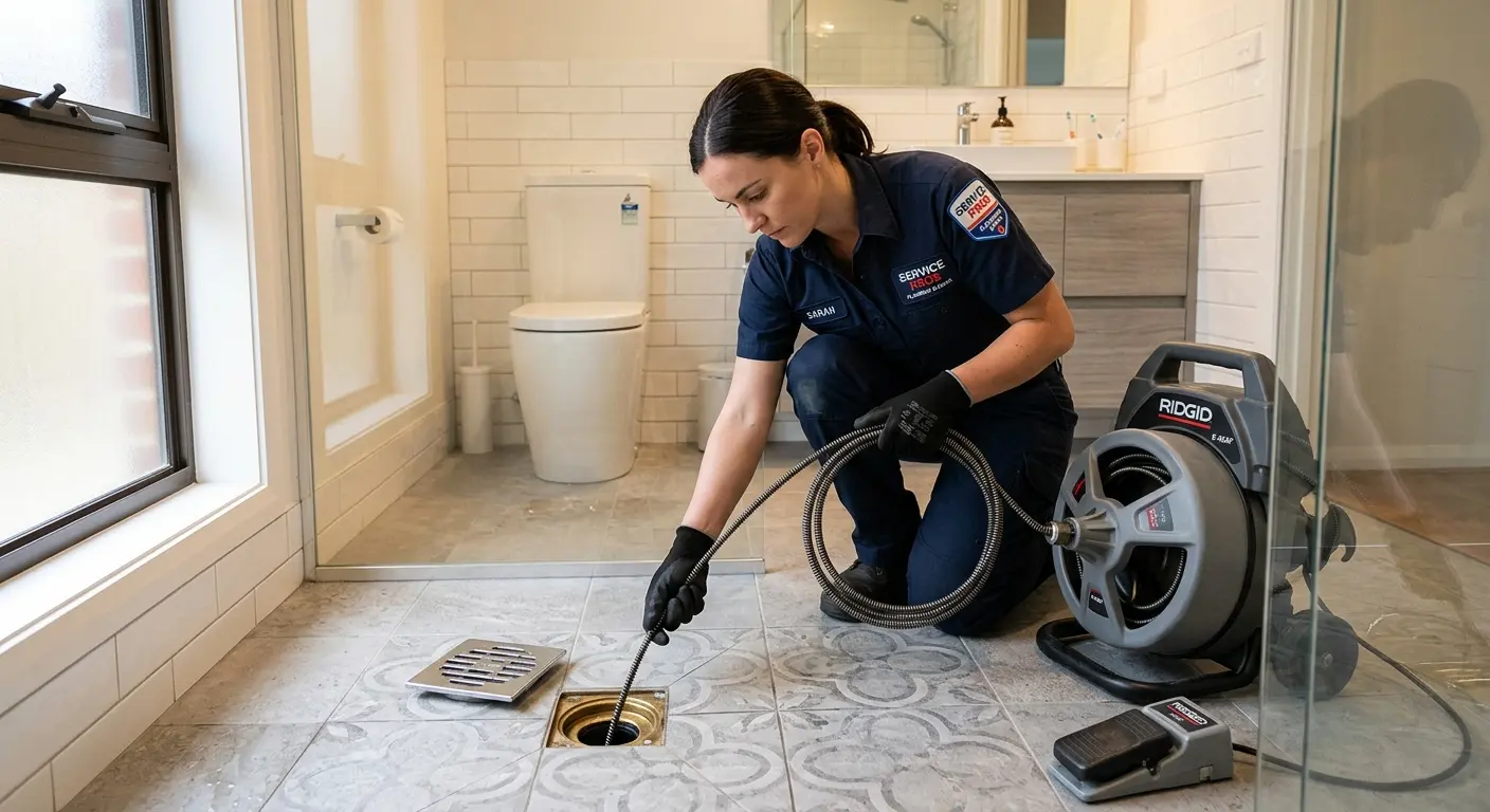 Technician clearing a bathroom floor drain for Clogged Drain Repair in Zionsville